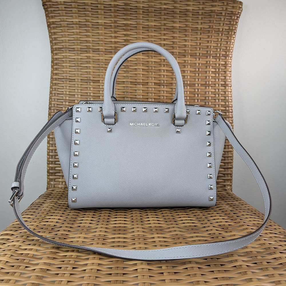 Michael Kors Selma Medium Studded Gray Saffiano Leather Satchel Bag Purse